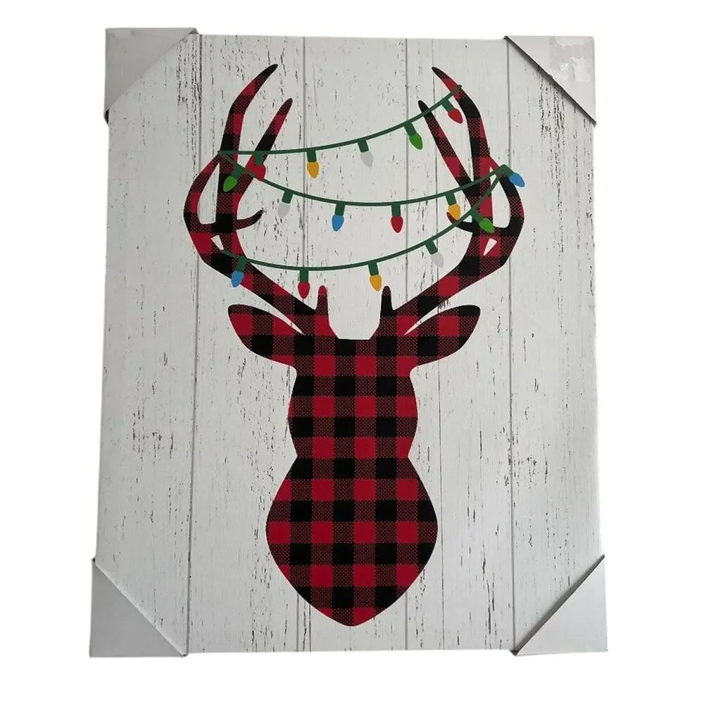 Red and Black Plaid Reindeer With Christmas Light Antlers Wall Art - NWT